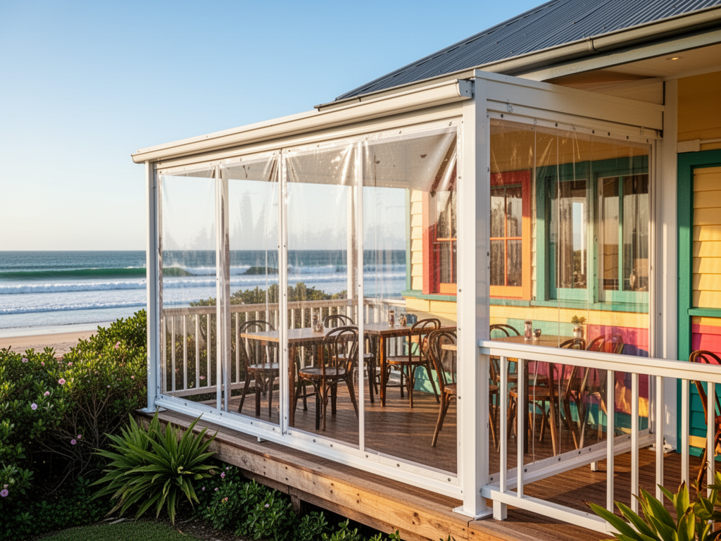 Clear PVC cafe blinds on a character beach cottage in Moffat Beach with surf visible