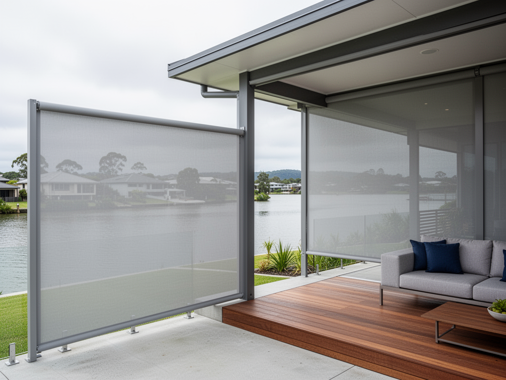 Modern Ziptrak outdoor blinds on a contemporary patio with river views in Maroochydore