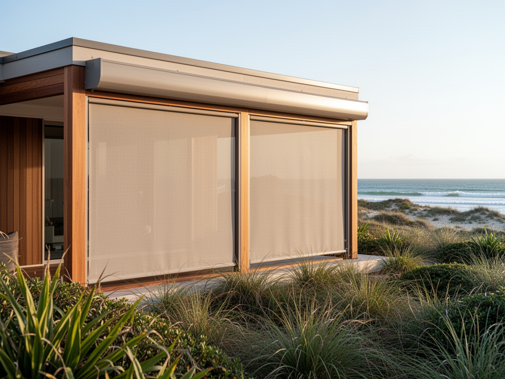 Eco-friendly outdoor blinds on a contemporary home in coastal dune vegetation at Peregian Beach