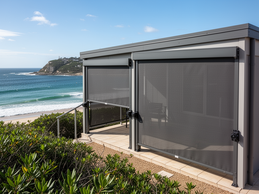 Heavy-duty outdoor blinds with wind locks on a compact beachside home at Alexandra Headland