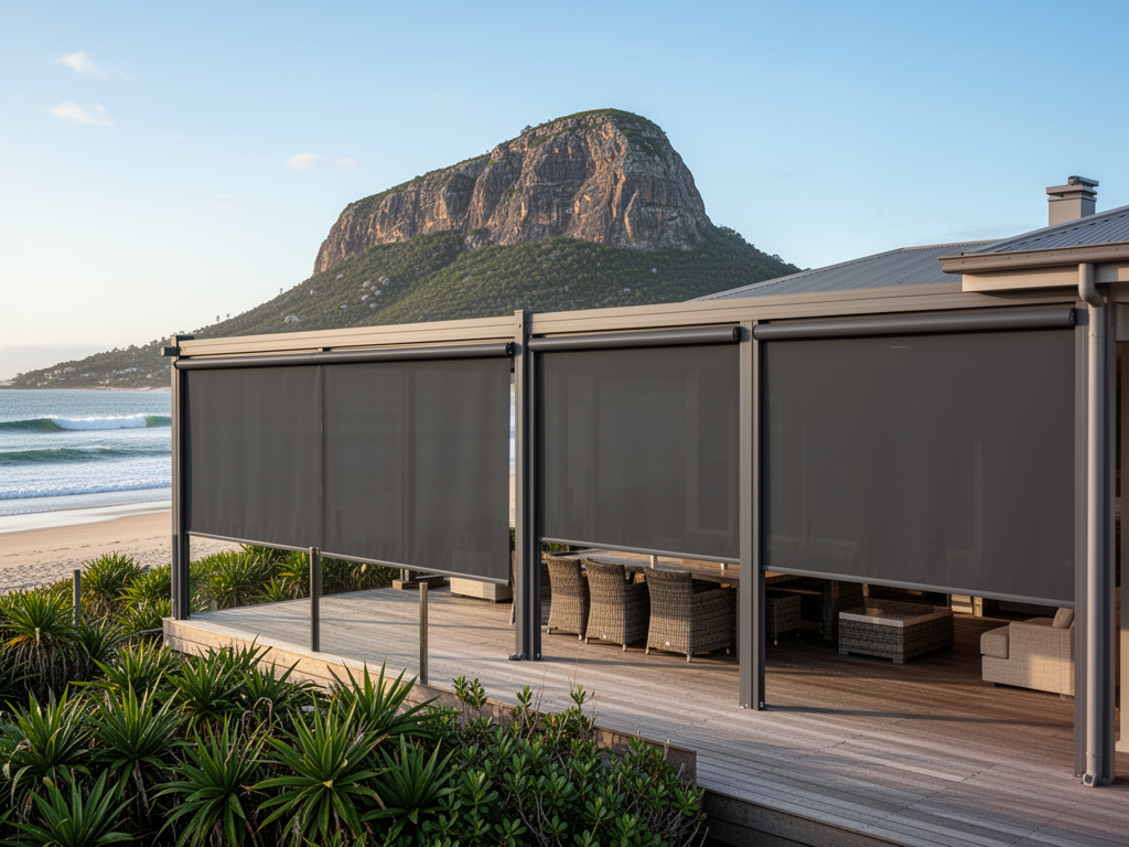 Heavy-duty outdoor blinds on a beachside property with Mt Coolum visible in the background