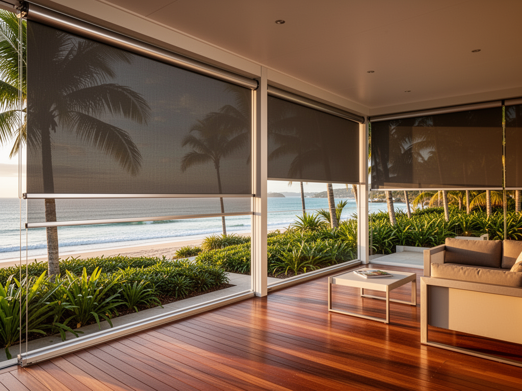 Premium Ziptrak outdoor blinds on a luxury beachside patio with tropical landscaping in Noosa