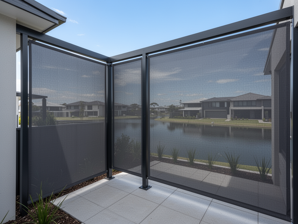 Modern privacy screen outdoor blinds on a contemporary townhouse in Birtinya with lake views