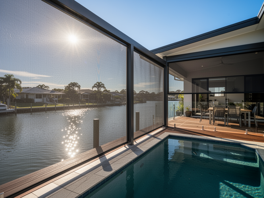 Anti-glare mesh outdoor blinds on a canal-front family home in Minyama