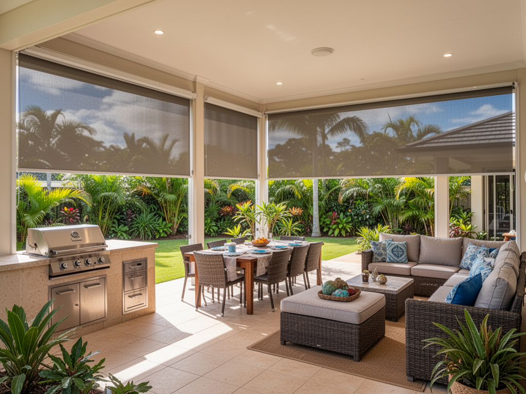 Outdoor entertaining area with Ziptrak blinds on the Sunshine Coast