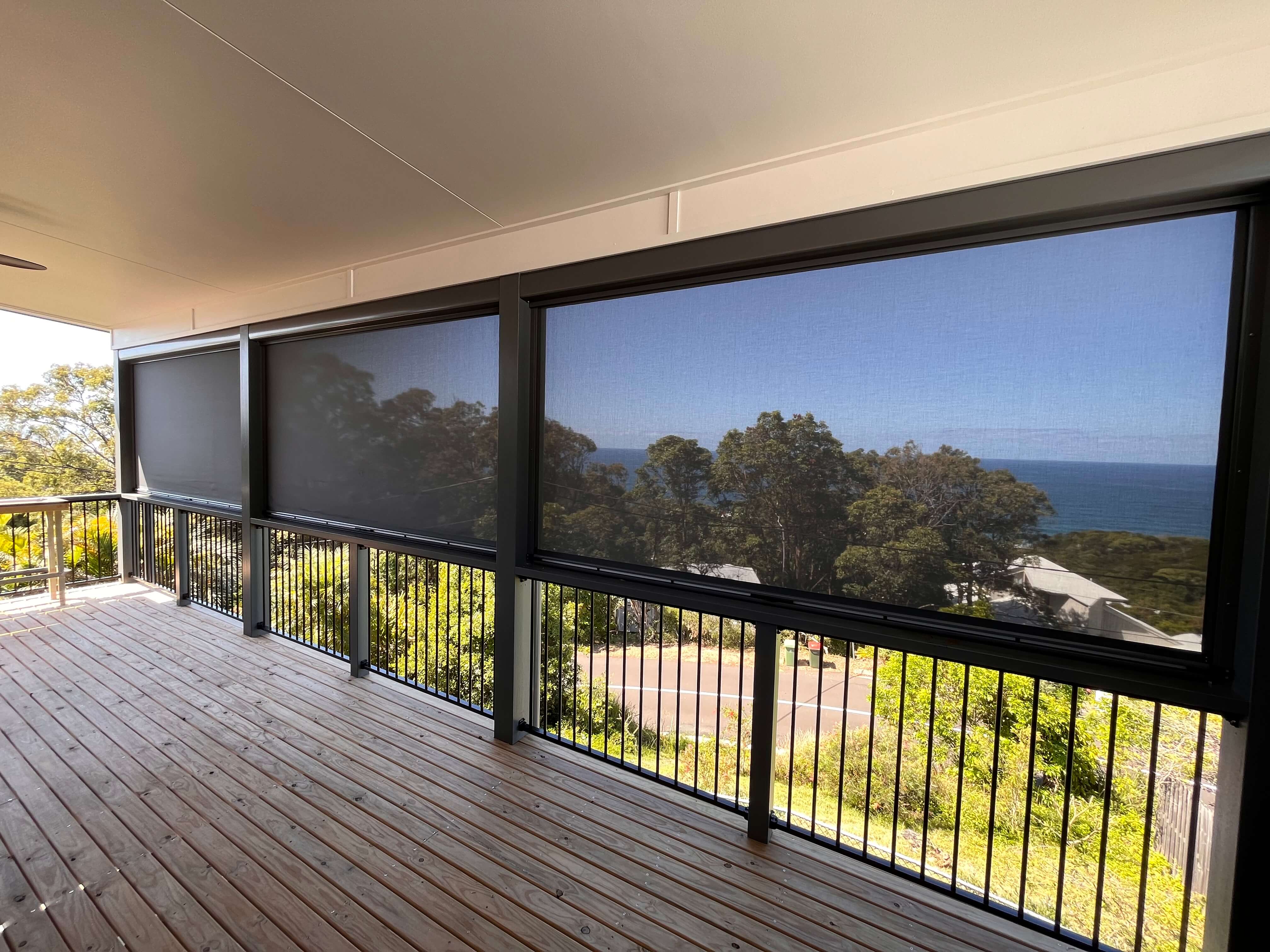 Outdoor blinds protecting an ocean deck on the Sunshine Coast