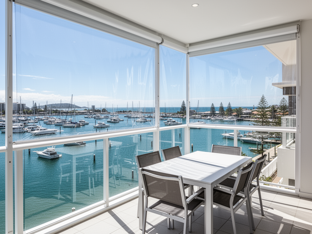 Clear PVC cafe-style outdoor blinds on a waterfront apartment balcony overlooking Mooloolaba marina