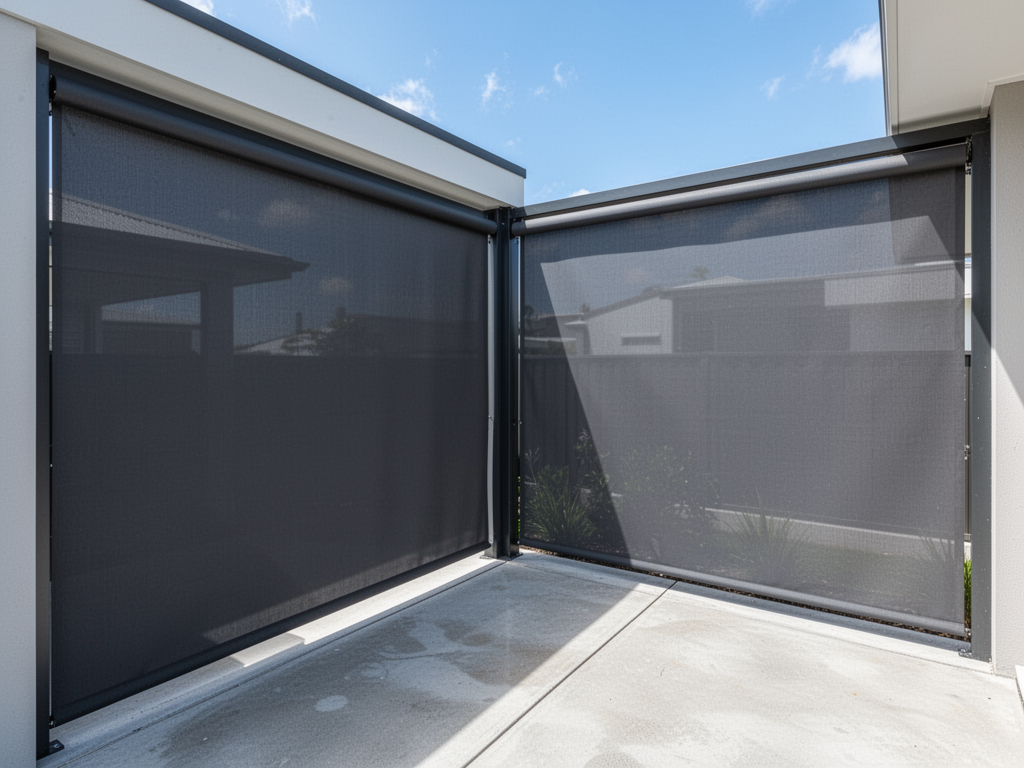 Modern privacy screen outdoor blinds on a contemporary home in Bokarina Beach estate