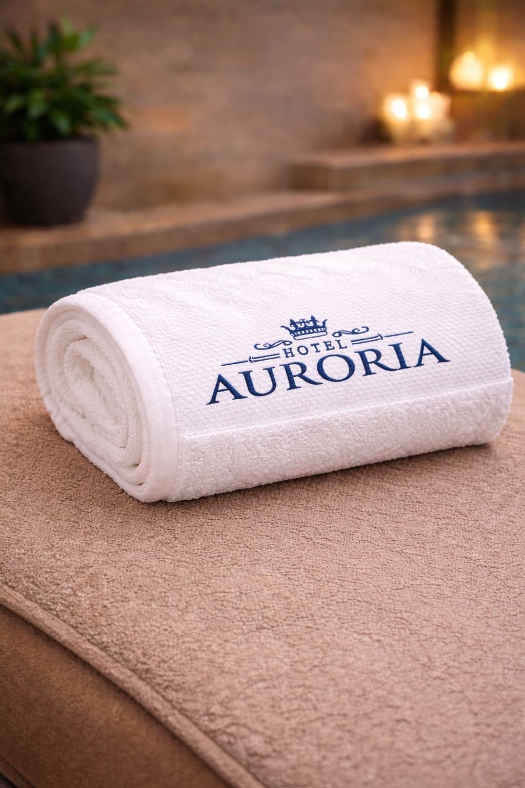 Elegante Hotel-Bestickung auf weißem Handtuch – Hotel Auroria