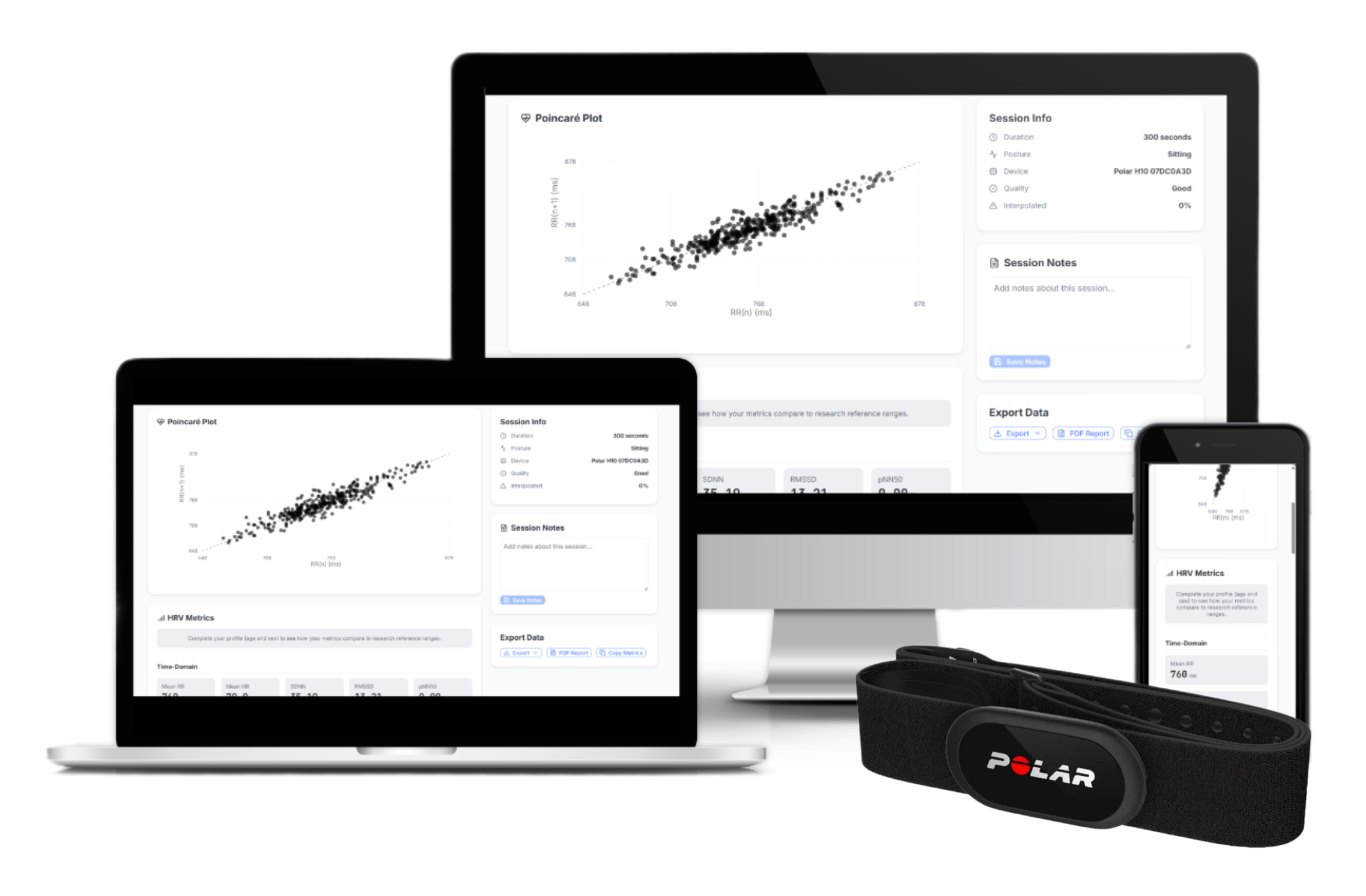 HRV Report application mockup showing the professional interface across multiple devices - laptop, tablet, and smartphone - alongside the Polar H10 heart rate monitor, demonstrating the complete HRV measurement ecosystem and multi-platform Progressive Web App compatibility