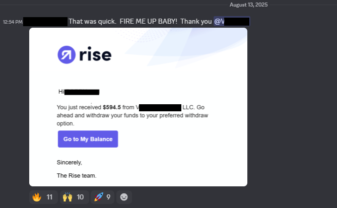 $594.50 Rise mobile notification payout screenshot