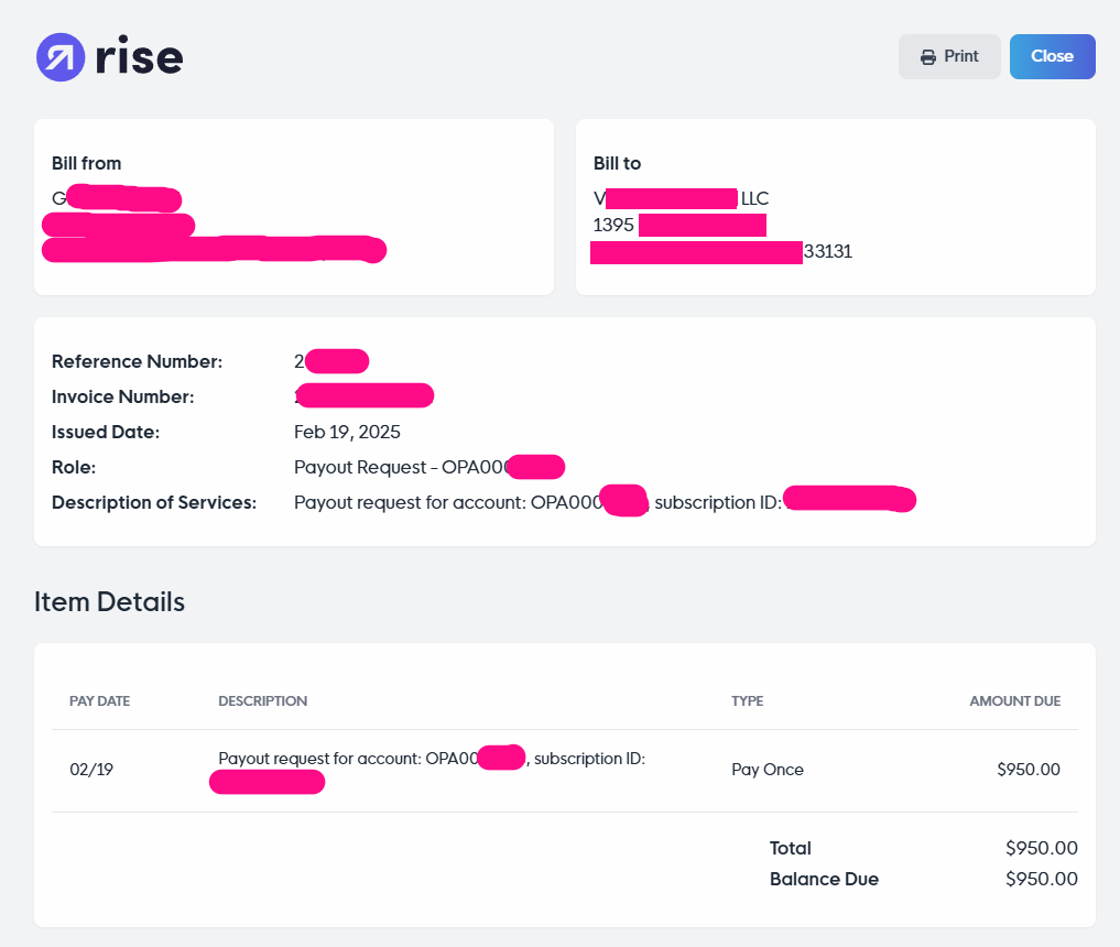 $950 Rise payout screenshot