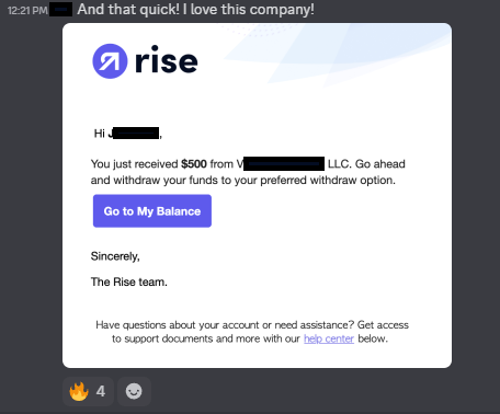 $500 Rise mobile notification payout screenshot