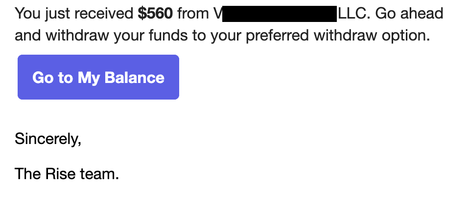 $560 Rise payout screenshot