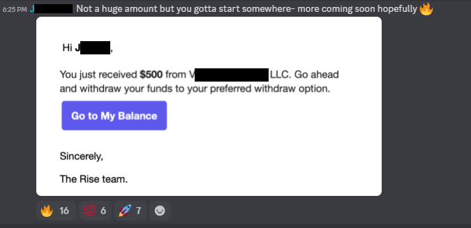 $500 Rise mobile notification payout screenshot