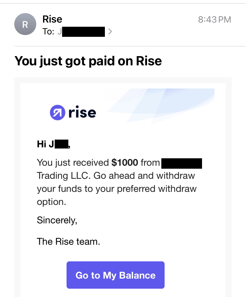 $1000 Rise payout screenshot