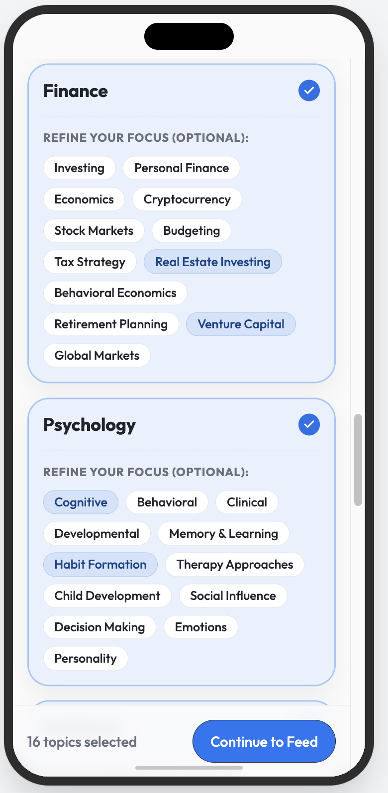 Pick your interests UI