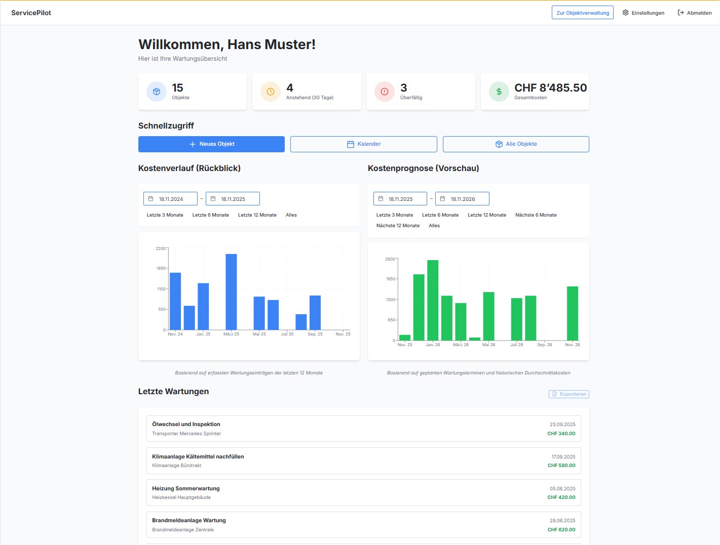 Screenshot der ServicePilot Dashboard-Übersicht