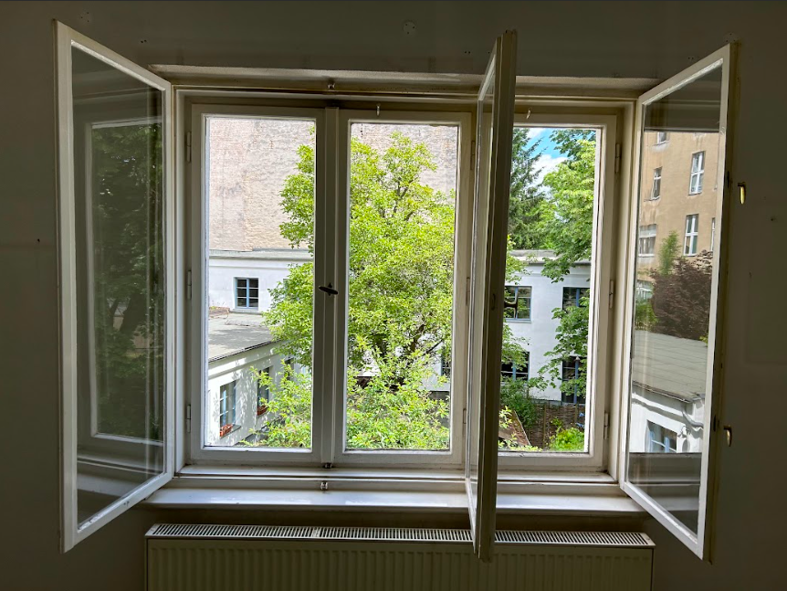Professionelle Fensterreinigung mit Blick auf gepflegte Nachbarschaftsgebäude und grüne Bäume