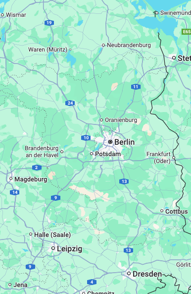 Map of East Germany service areas showing Berlin, Dresden, Leipzig, Brandenburg, Potsdam and other regions