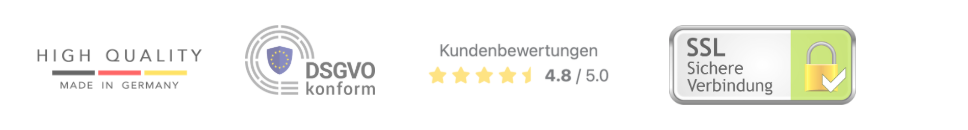 Trust badges: High Quality Made in Germany, DSGVO konform, Customer ratings 4.8/5.0, SSL secure connection