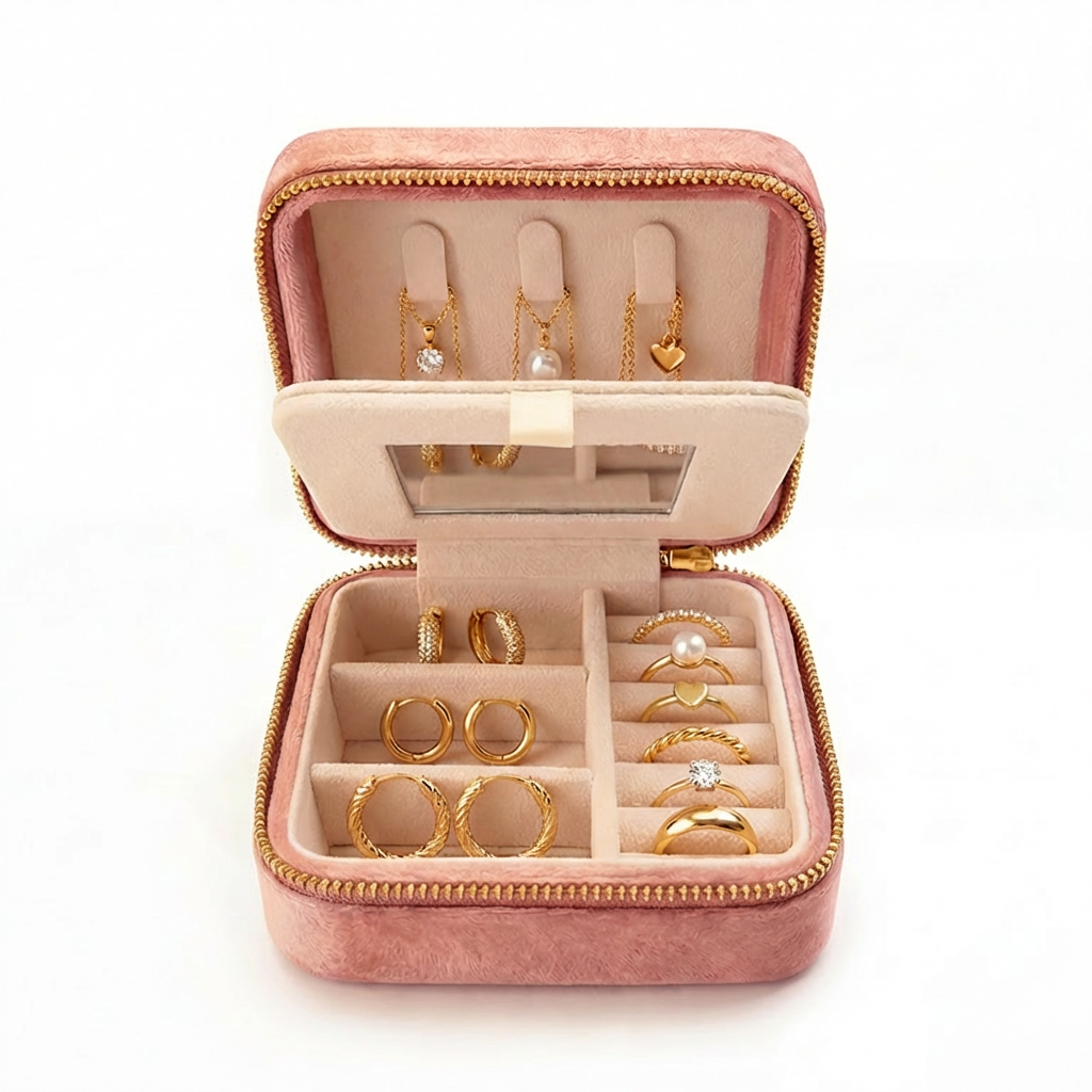 Open Irsienne travel jewelry case filled with gold jewelry