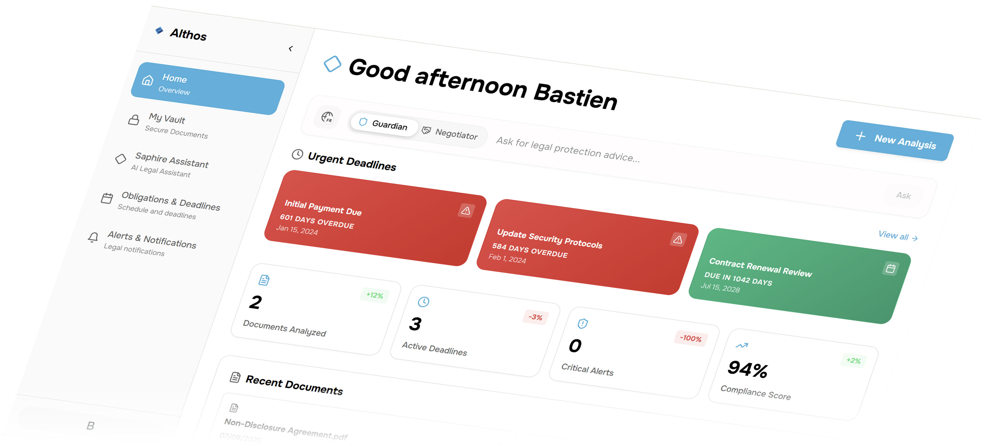 Althos Dashboard Interface Preview showing document analysis with risk indicators and deadline tracking