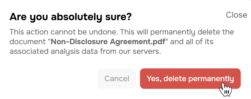 Document deletion confirmation dialog showing permanent deletion option with security warning