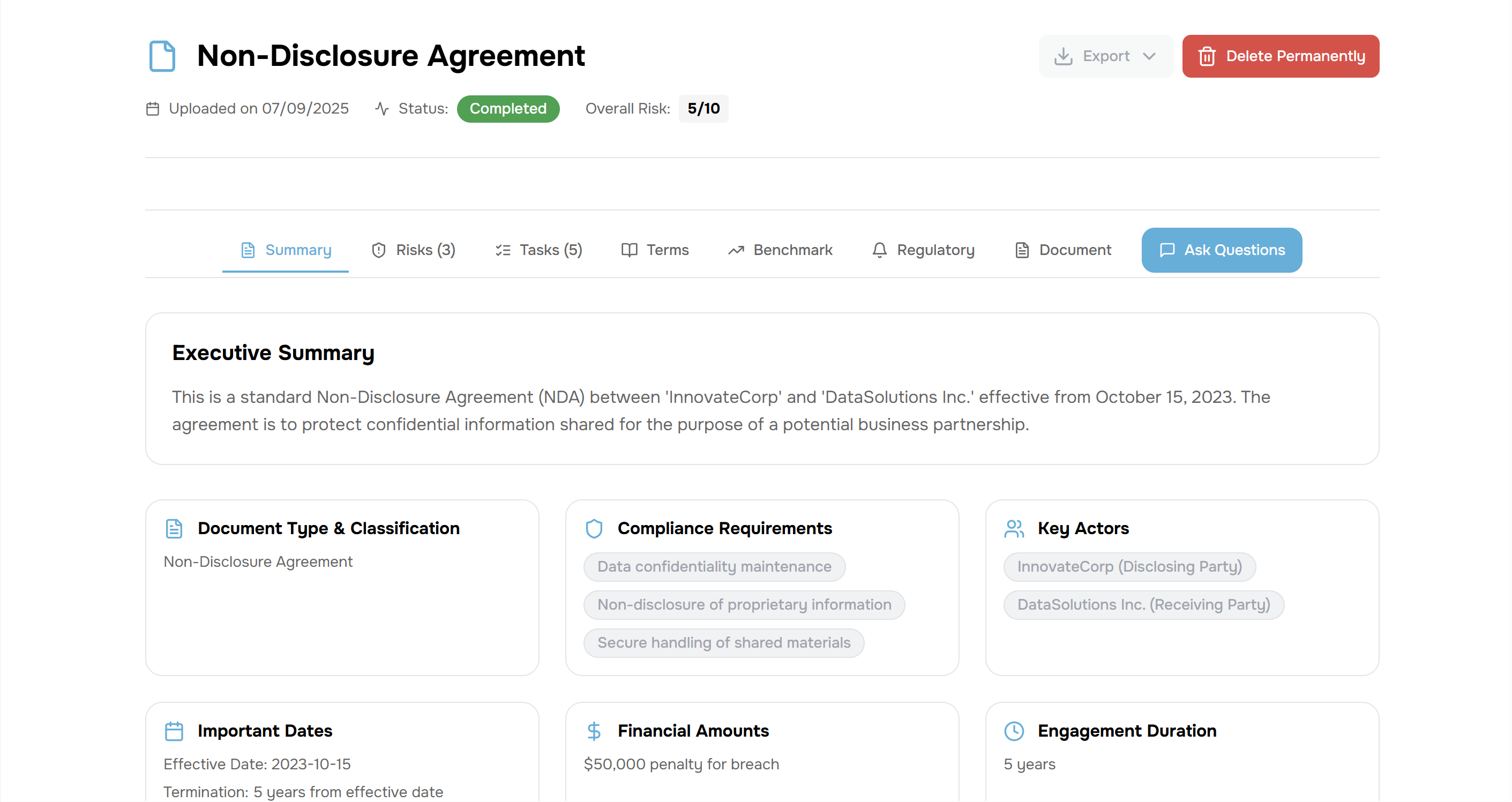 Althos Document Analysis Dashboard showing detected risks, obligations, and key clauses