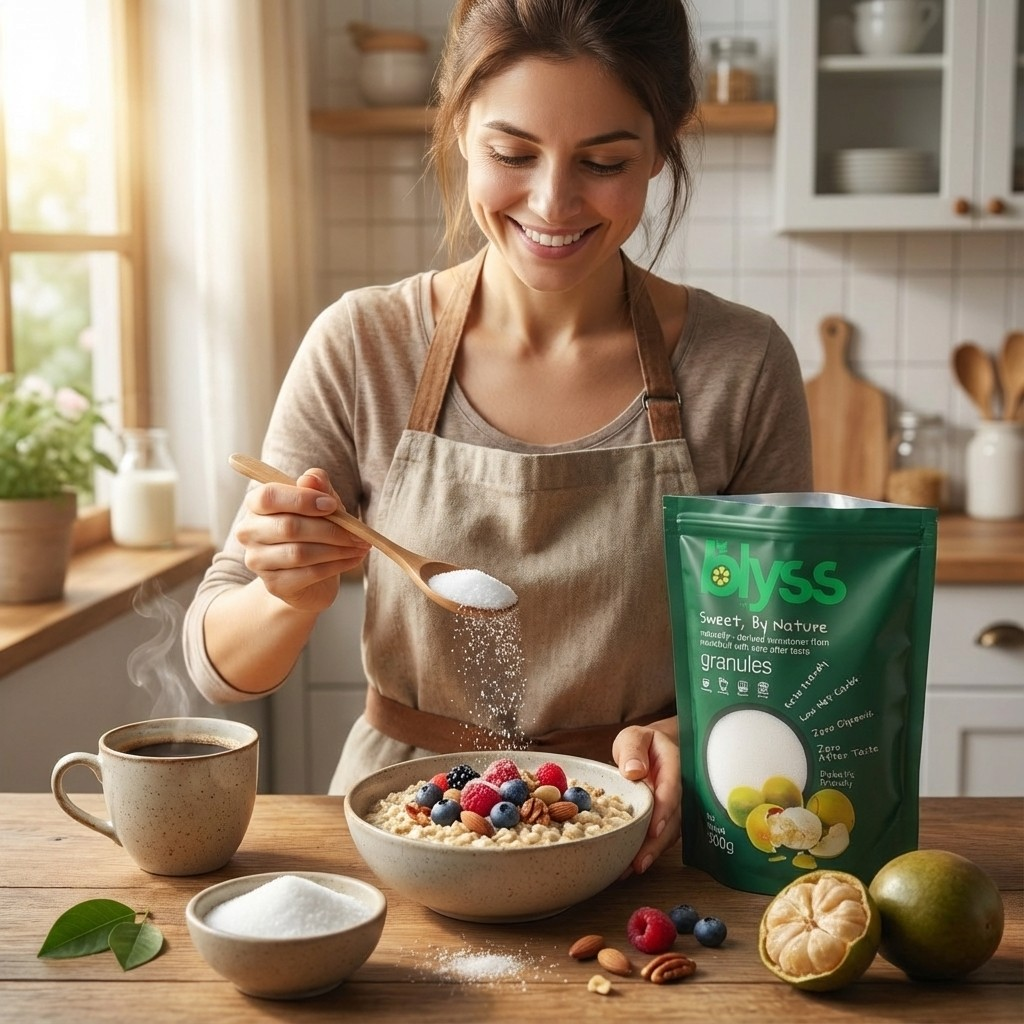 Woman sprinkling Blyss sweetener on oatmeal with berries