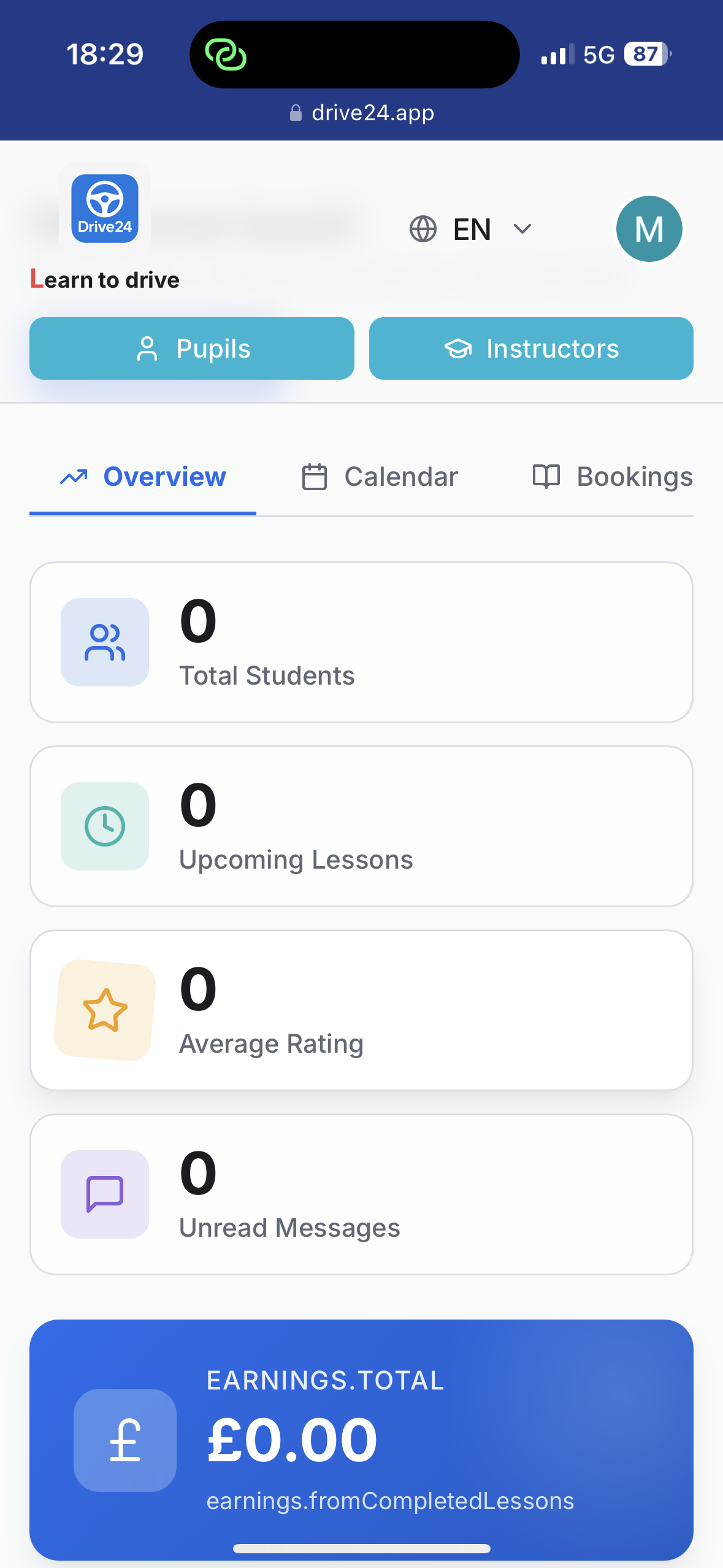 Drive24 Instructor Dashboard Screenshot