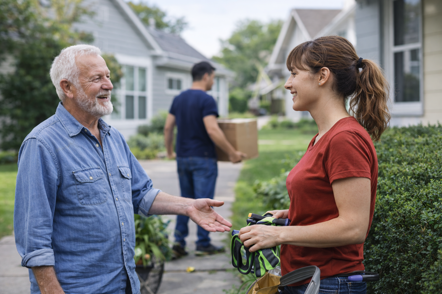 Friendly neighbor greeting a worker in a suburban setting