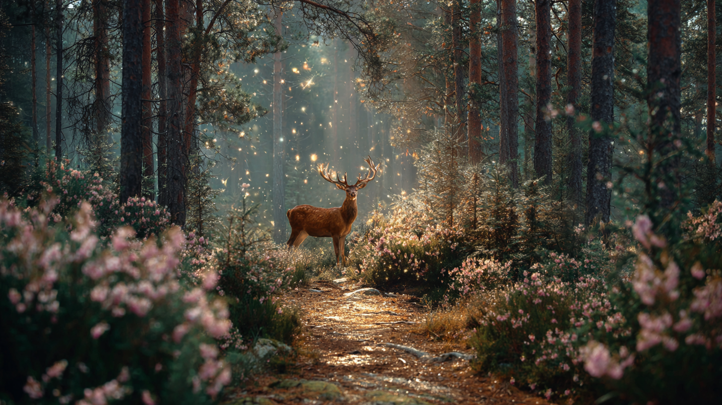 Enchanted forest with majestic stag surrounded by magical golden sparkles and pink flowers