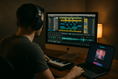 Music creator working in studio with production software