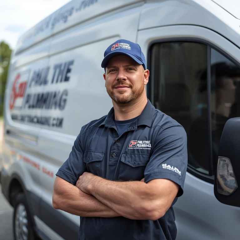 Paul from Paul The Plumber standing in front of branded work van