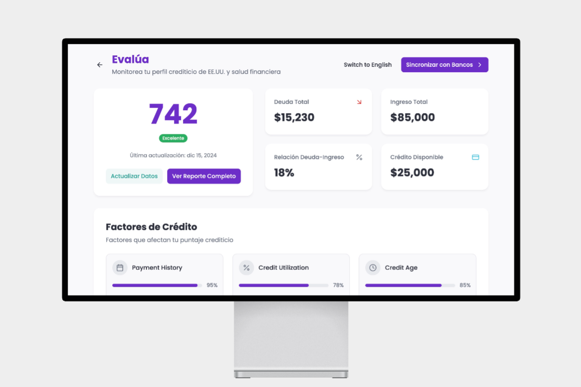 Evalúa dashboard showing credit score of 742 and financial metrics