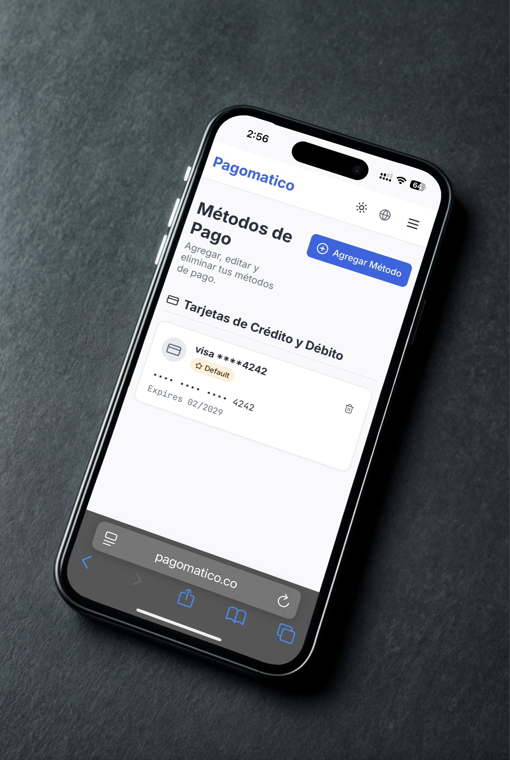 Pagomatico mobile interface showing payment methods management with credit and debit card options, add method button, and masked card details