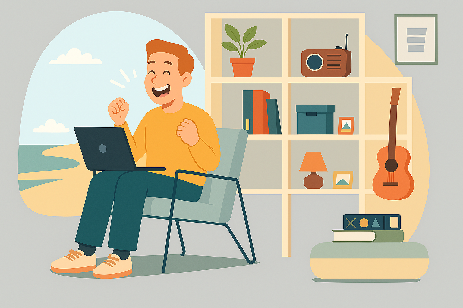 Cheerful professional working on a laptop in a modern home office setting