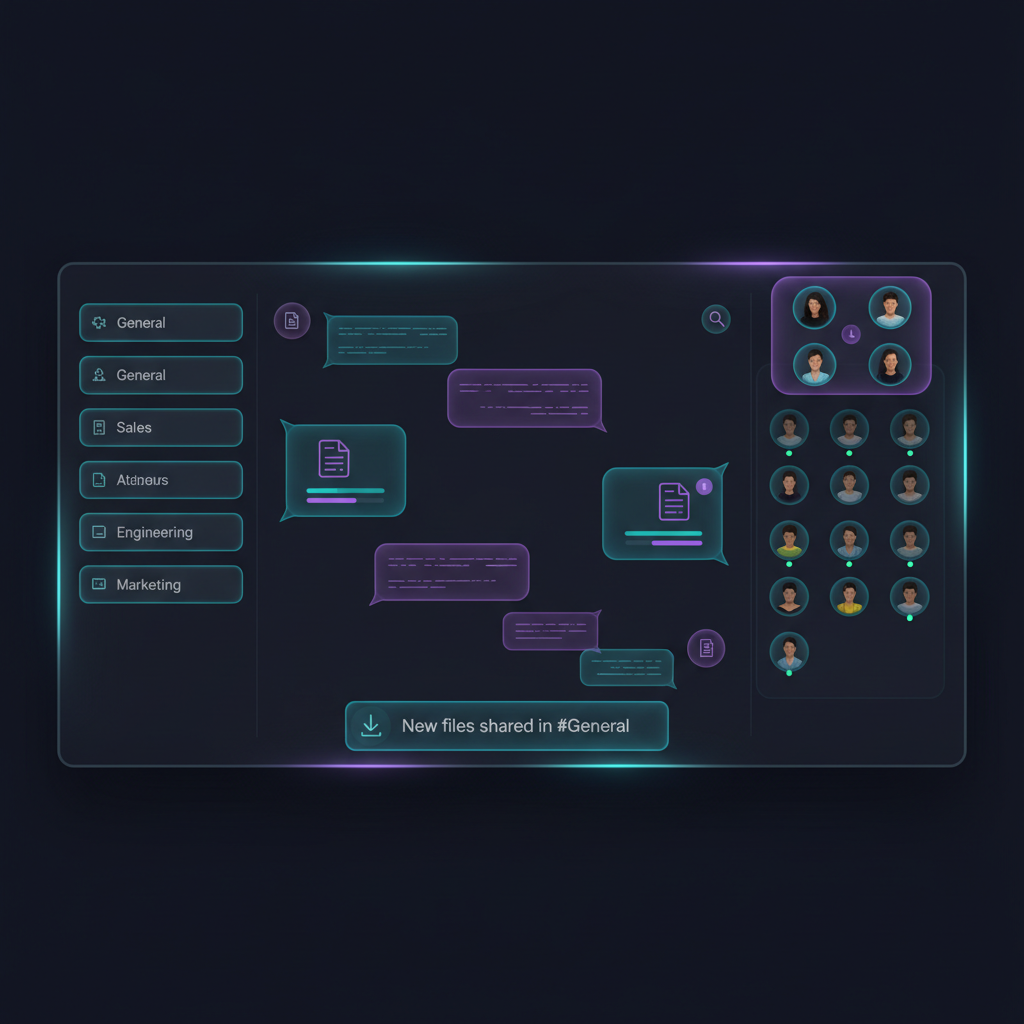Team collaboration platform showing channels, messaging, presence indicators, and file sharing