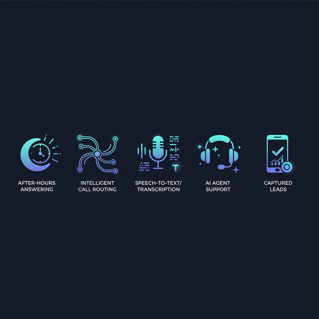 Five key ways AI improves business phone communications: after-hours answering, intelligent routing, transcription, agent support, and lead capture
