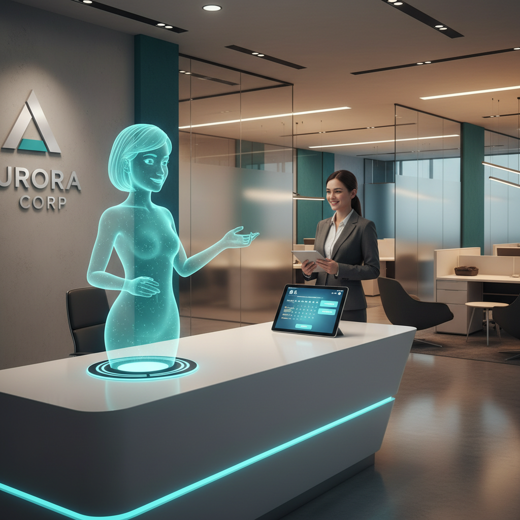 AI virtual receptionist at a modern business reception desk greeting visitors and managing appointments