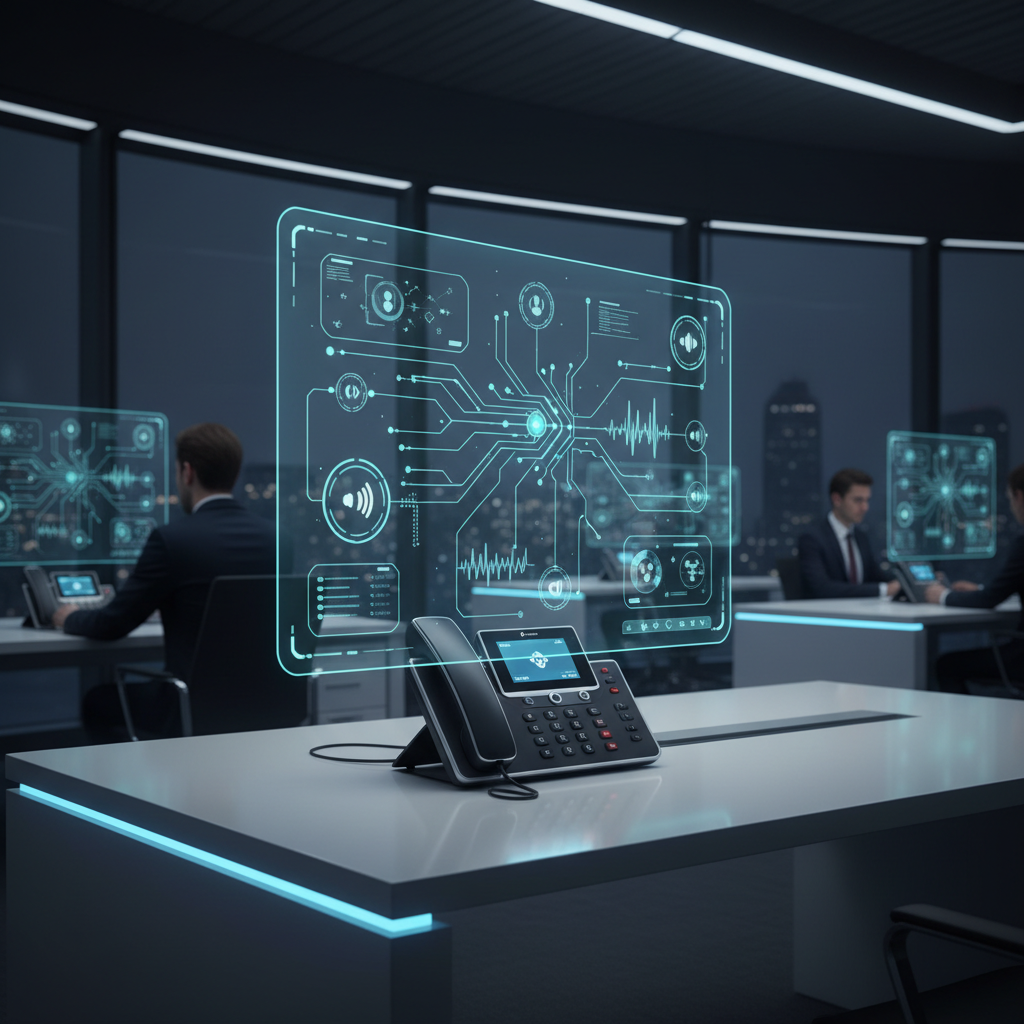 AI-powered VoIP phone system in a modern business office with holographic call routing interface