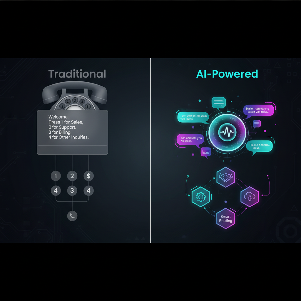 Comparison between traditional auto attendant with phone tree menus and modern AI-powered voice agent with conversational routing