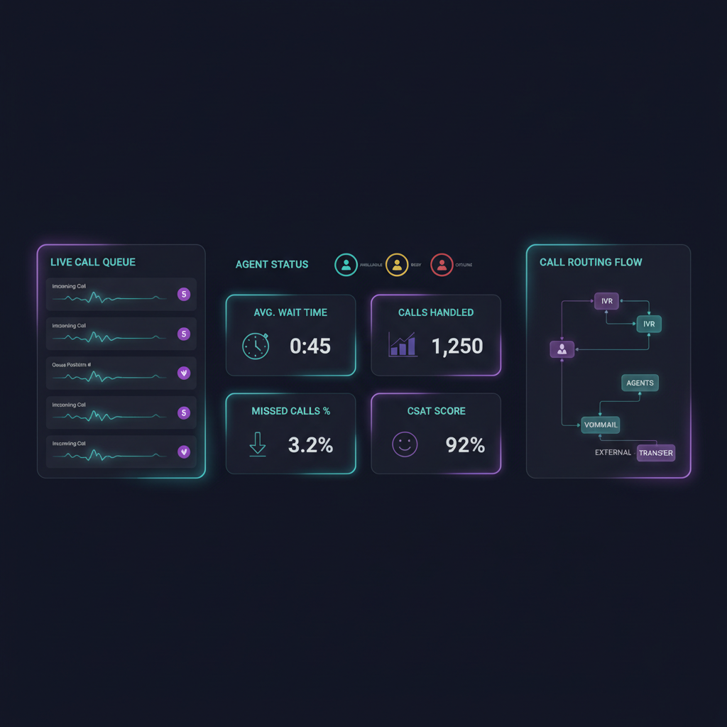 Cloud contact center dashboard showing live call queues, agent status, and real-time analytics