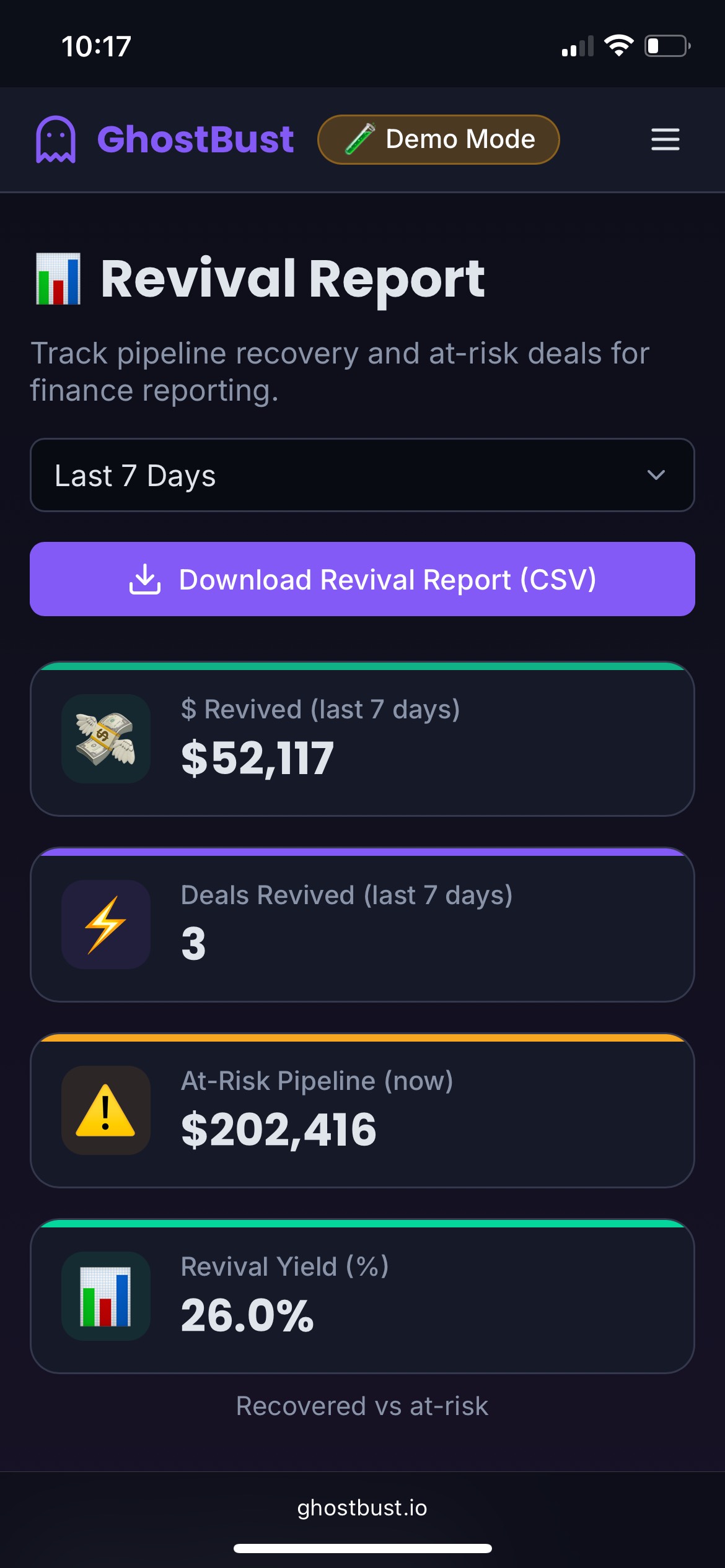 GhostBust Revival Report showing key metrics and analytics