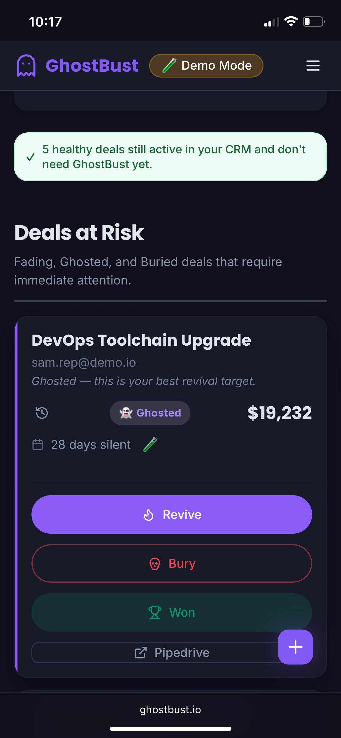 GhostBust Deal Revival Screen with Revive, Bury, and Won buttons