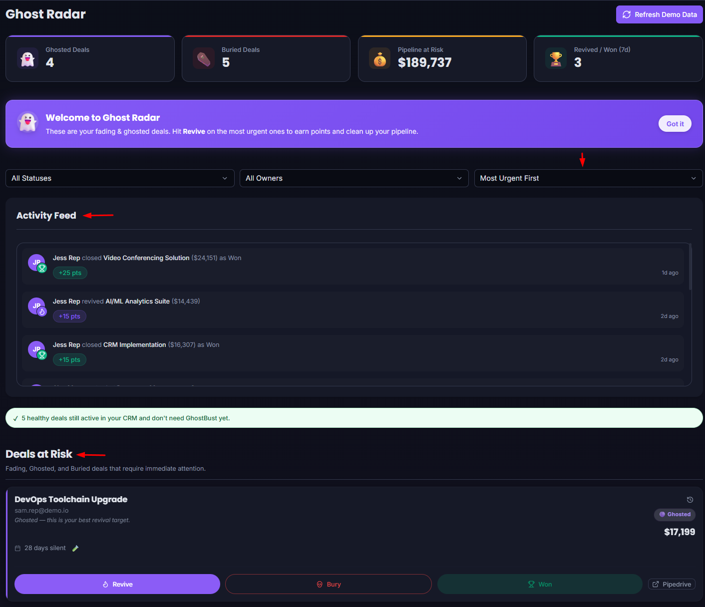 GhostBust Radar showing deal health, silent deals and slack nudges